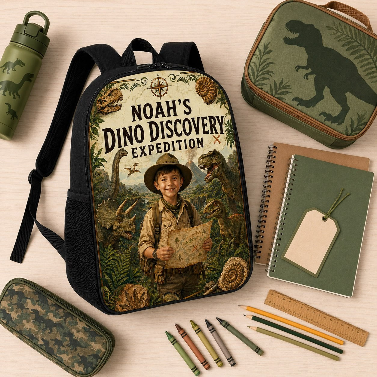 Dino Discovery Expedition Personalised School Backpack - school essentials flat lay with the personalized dino expedition backpack | Personalized school backpack for kids by Jolliboo
