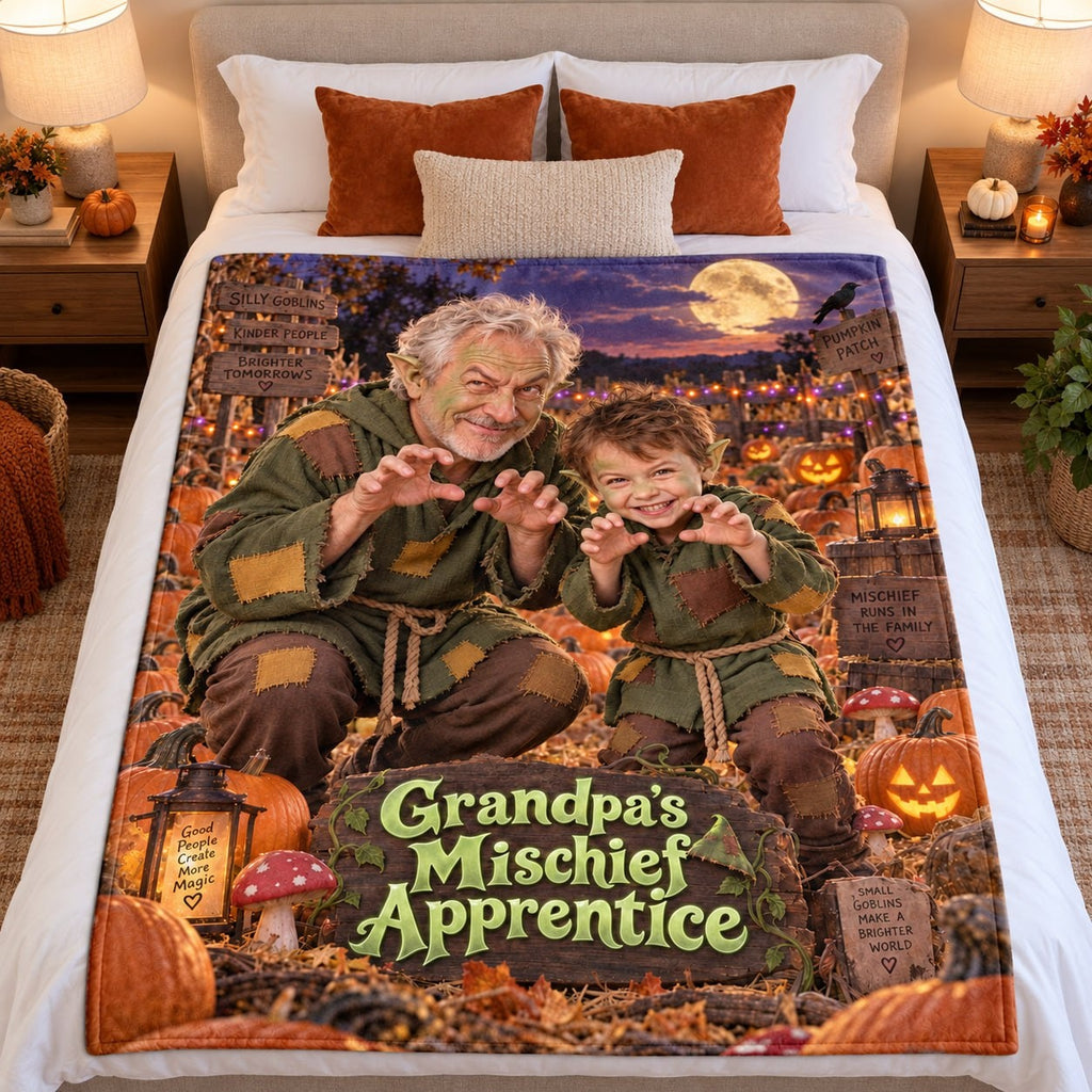 Grandpas Mischief Apprentice Grandpa And Child Goblin Halloween Blanket - image 1 | Jolliboo