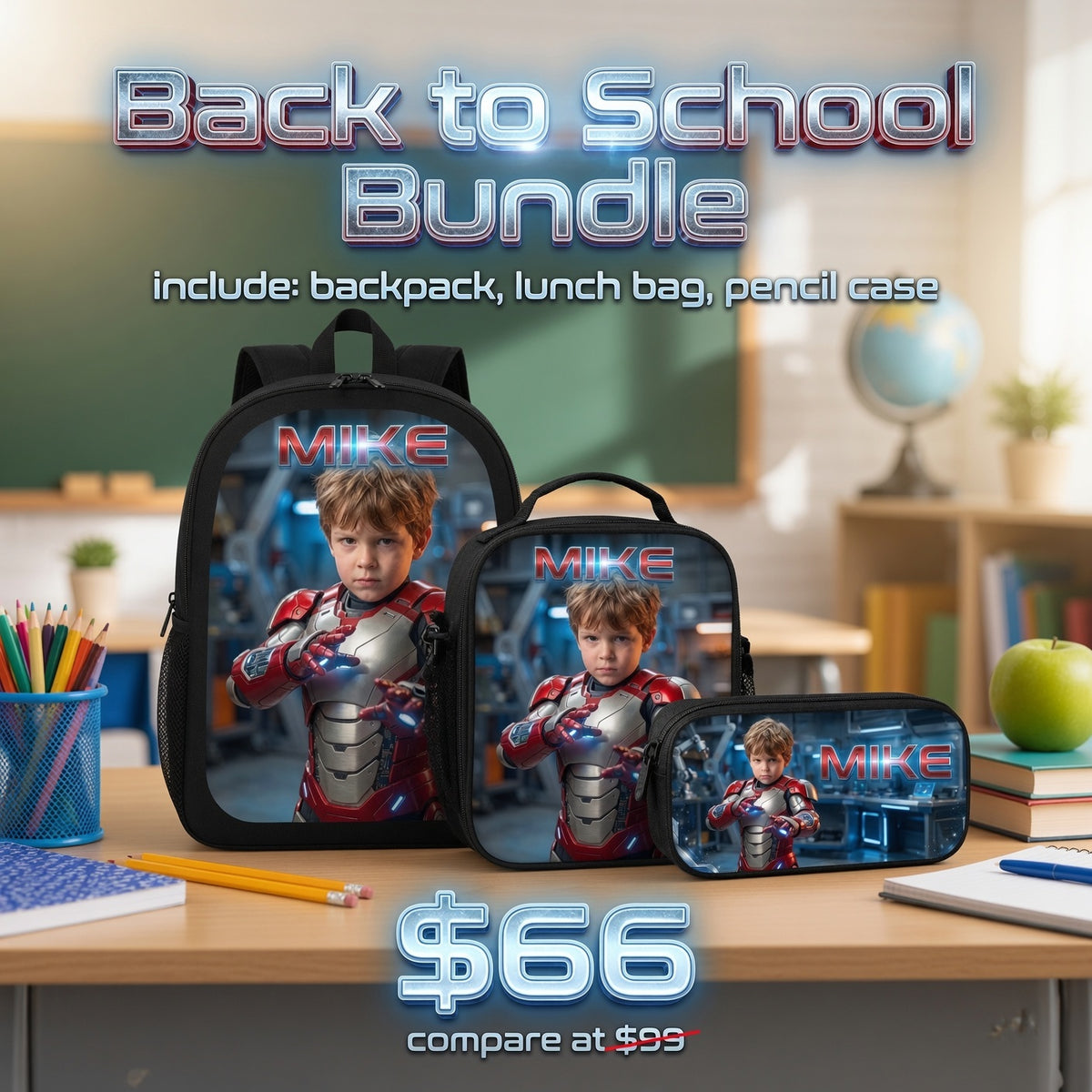 Kid Tech Hero Personalized School Bag - back to school bundle image showing backpack lunch bag and pencil case | Personalized school bag for kids by Jolliboo