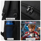 Kid Tech Hero Personalized School Bag - feature detail collage showing adjustable straps side pocket zipper and personalized front | Personalized school bag for kids by Jolliboo