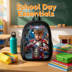 Kid Tech Hero Personalized School Bag - school day essentials lifestyle shot with the personalized backpack | Personalized school bag for kids by Jolliboo