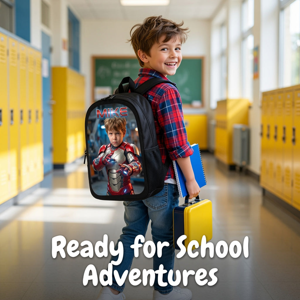 Kid Tech Hero Personalized School Bag - school hallway lifestyle shot showing the personalized backpack in use | Personalized school bag for kids by Jolliboo