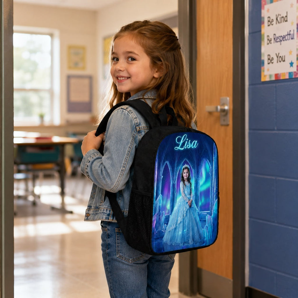 Little Ice Princess Realistic Personalized School Bag - classroom desk lifestyle shot of the personalized ice princess school bag | Personalized school bag for kids by Jolliboo