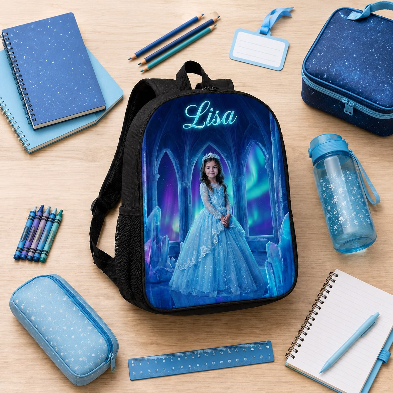 Little Ice Princess Realistic Personalized School Bag - close-up detail showing backpack fabric, zipper, and custom ice princess front artwork | Personalized school bag for kids by Jolliboo