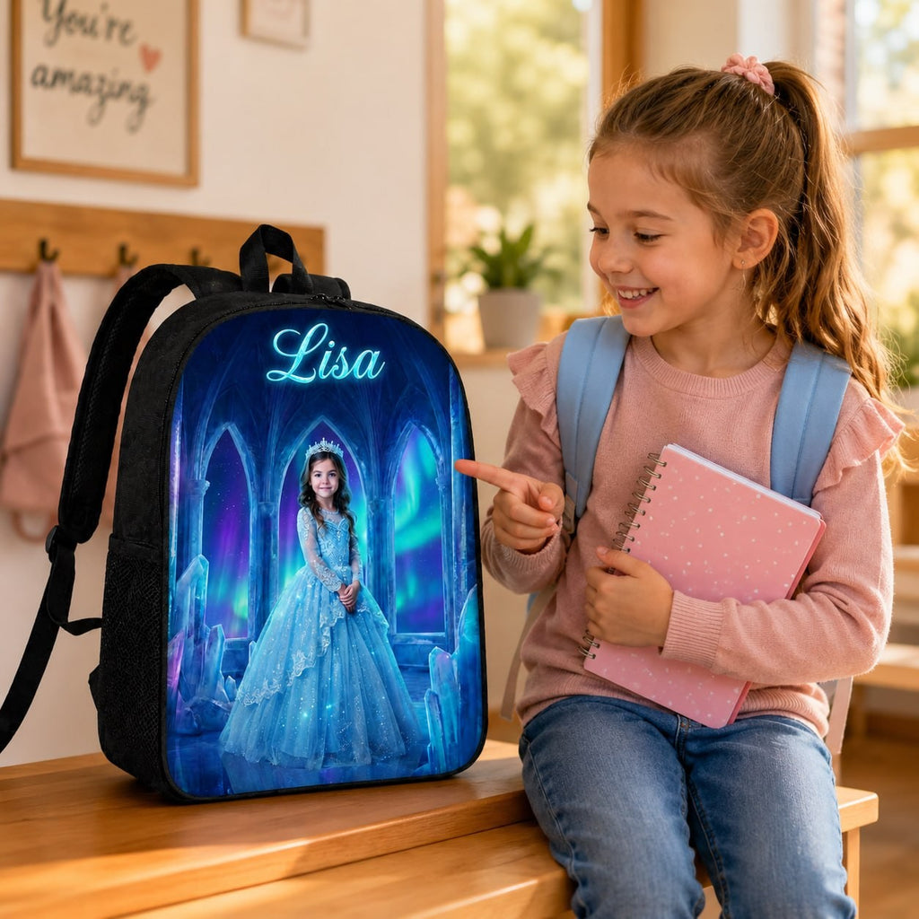 Little Ice Princess Realistic Personalized School Bag - school essentials flat lay with the personalized ice princess school bag | Personalized school bag for kids by Jolliboo