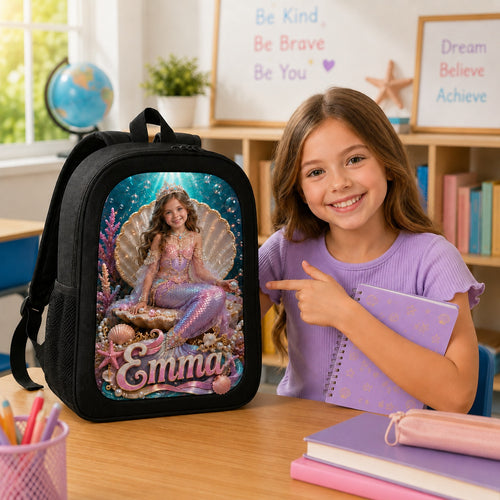 Mermaid Underwater Personalised School Backpack - hero lifestyle classroom backpack with smiling child | Personalized school backpack for kids by Jolliboo
