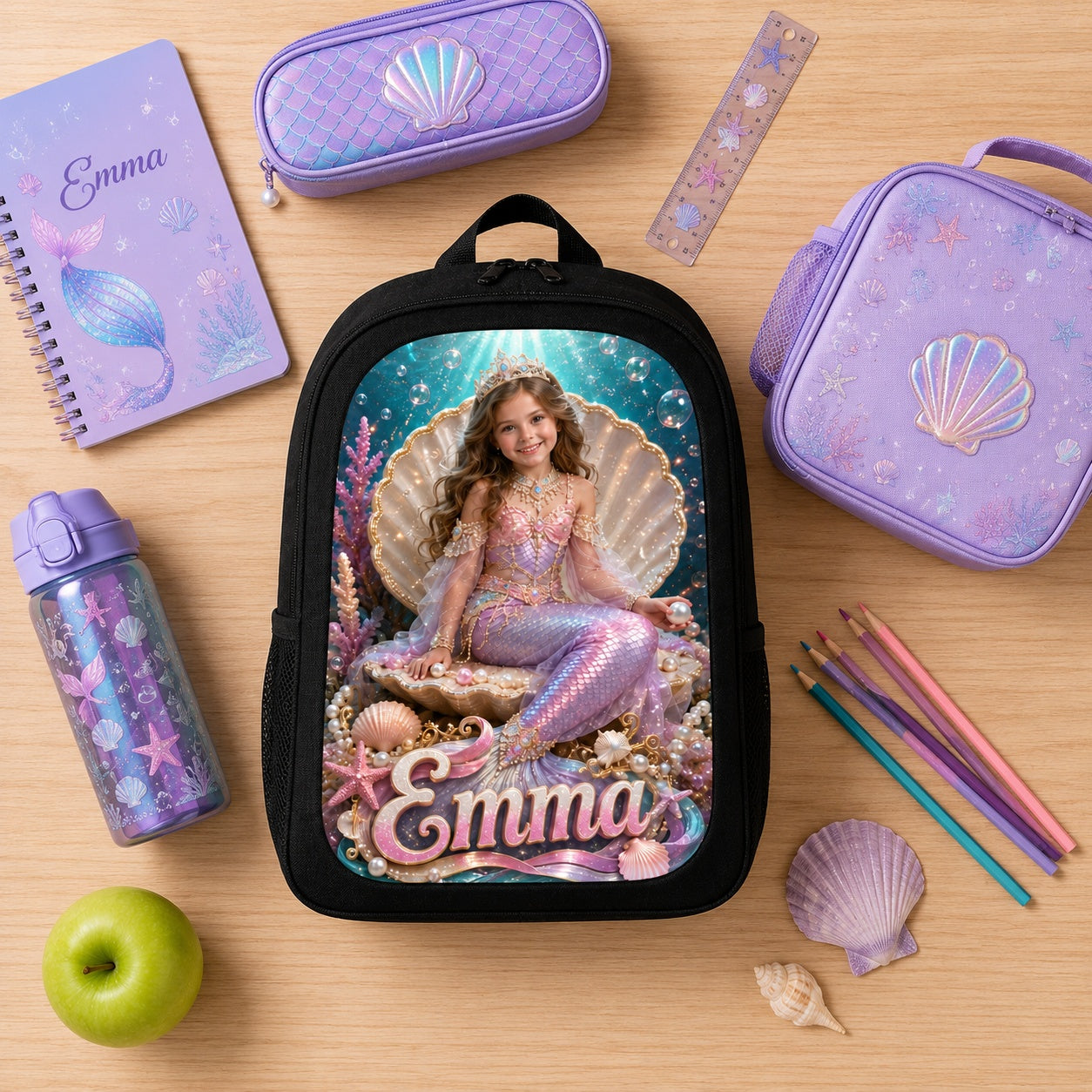 Mermaid Underwater Personalised School Backpack - flat lay school bundle with matching mermaid accessories | Personalized school backpack for kids by Jolliboo