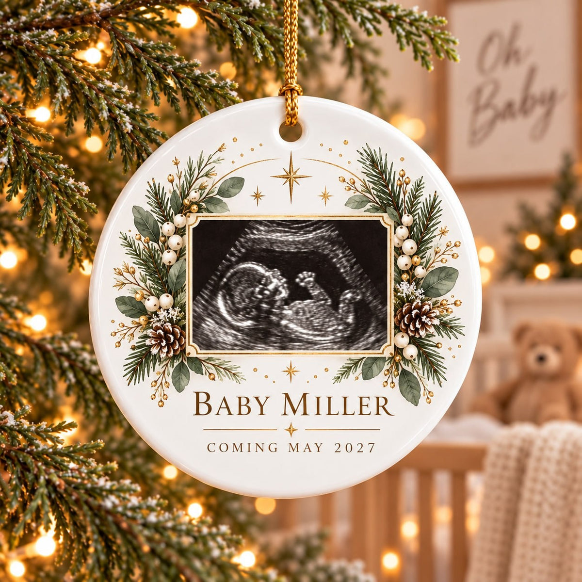 Personalized Baby Announcement Circle Ceramic Ornament - image 1 | Jolliboo