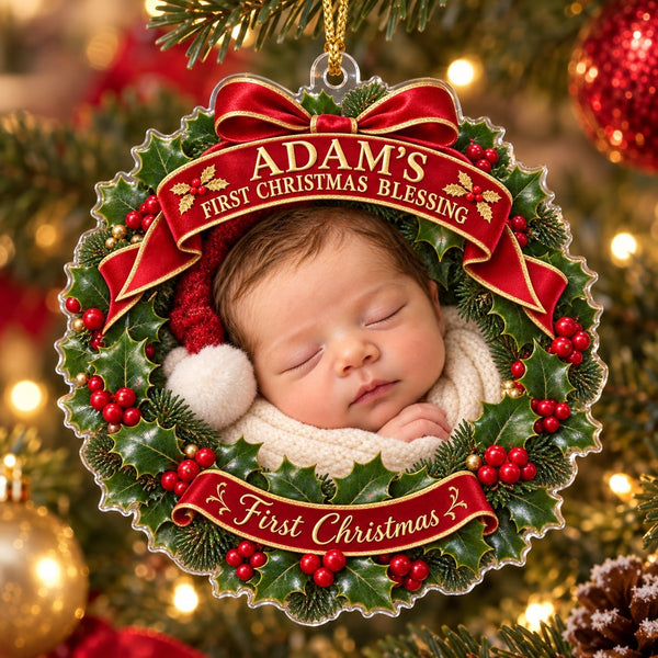 Personalized Baby First Christmas Blessing Wreath Ornament - image 1 | Jolliboo