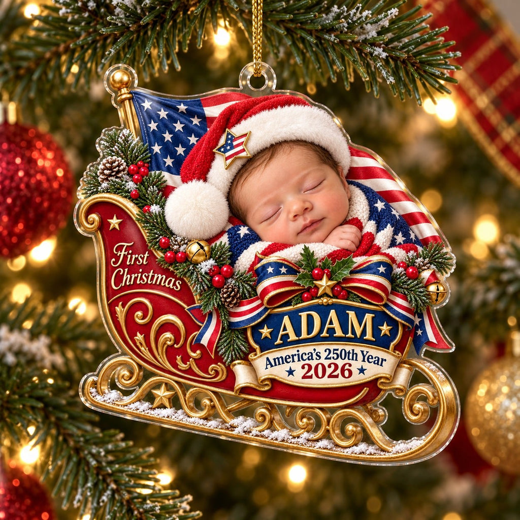 Personalized Baby Patriotic First Christmas Sleigh Ornament - image 1 | Jolliboo