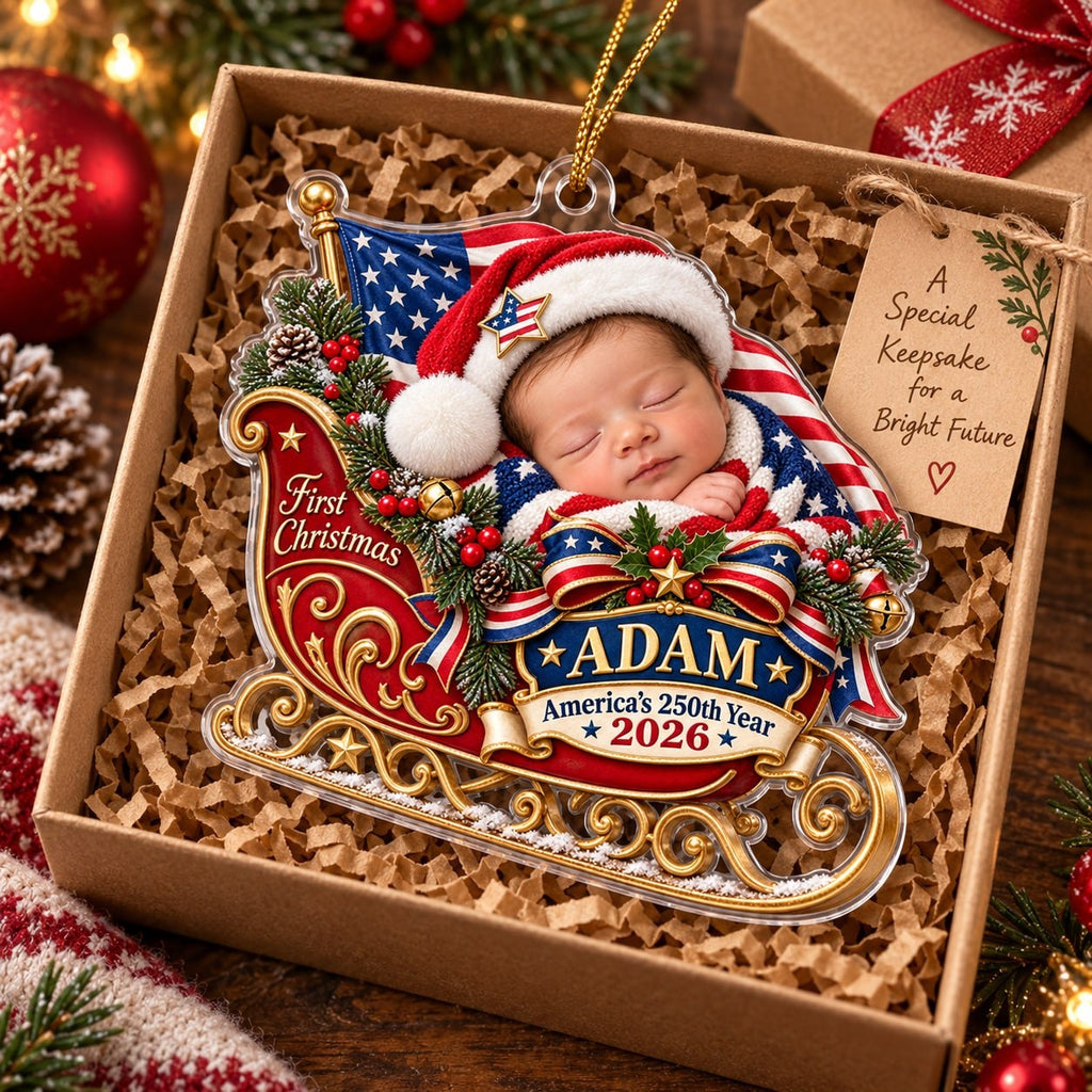 Personalized Baby Patriotic First Christmas Sleigh Ornament - image 3 | Jolliboo