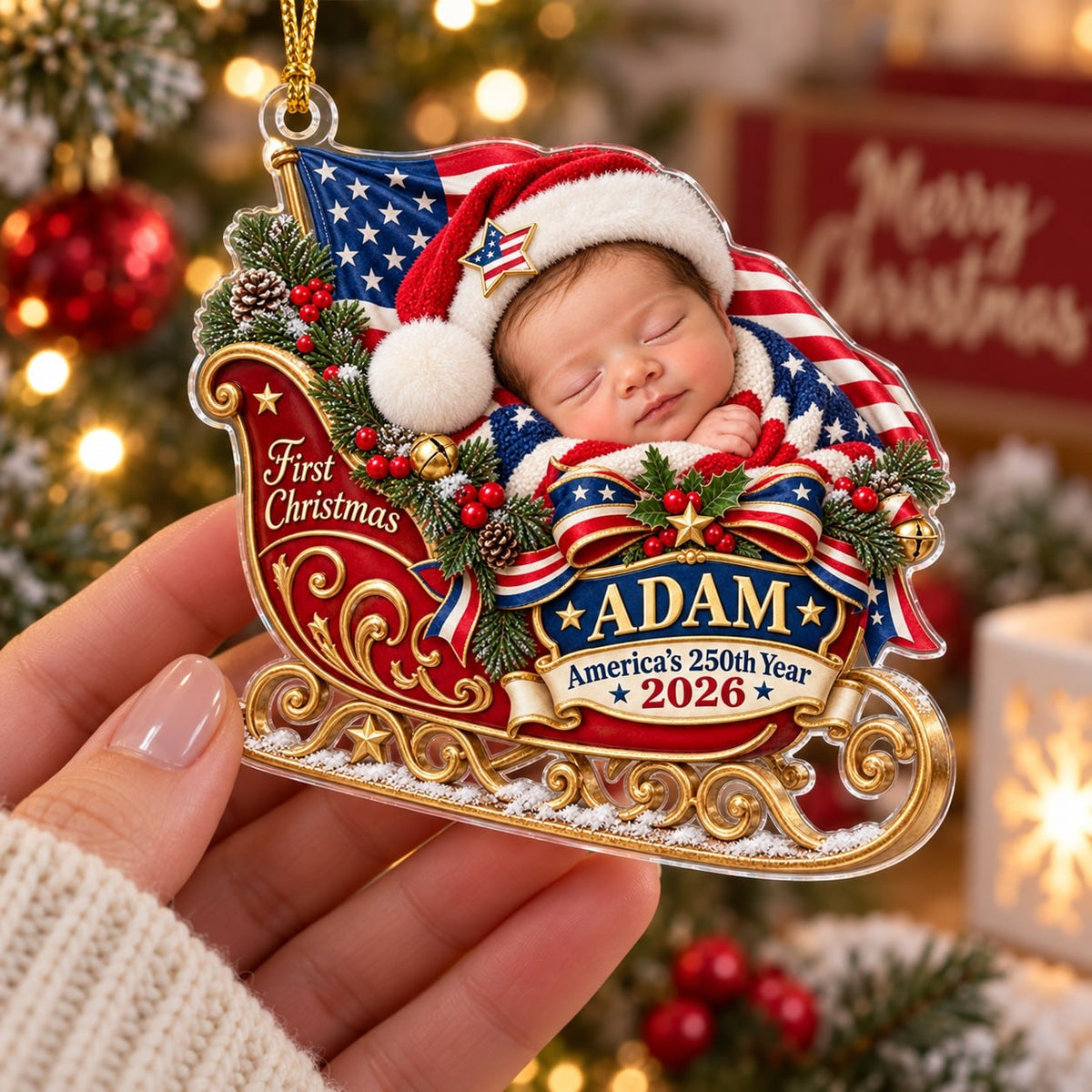 Personalized Baby Patriotic First Christmas Sleigh Ornament - image 4 | Jolliboo