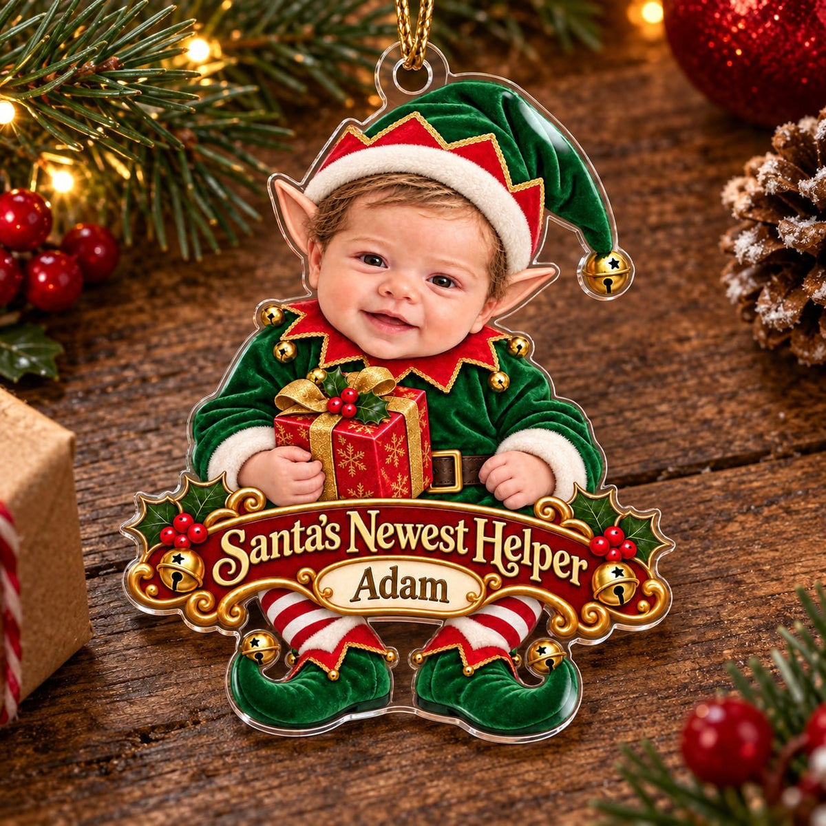 Personalized Baby Santas Newest Helper Christmas Ornament - image 3 | Jolliboo