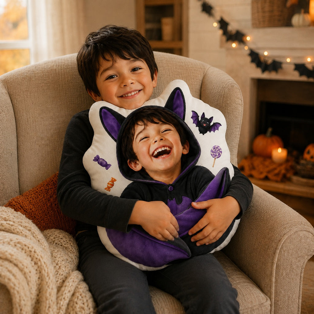 Personalized Bat Wrap Custom Shape Pillow - bat wrap laughing boy gallery image 1 | Personalized custom shape pillow for kids by Jolliboo