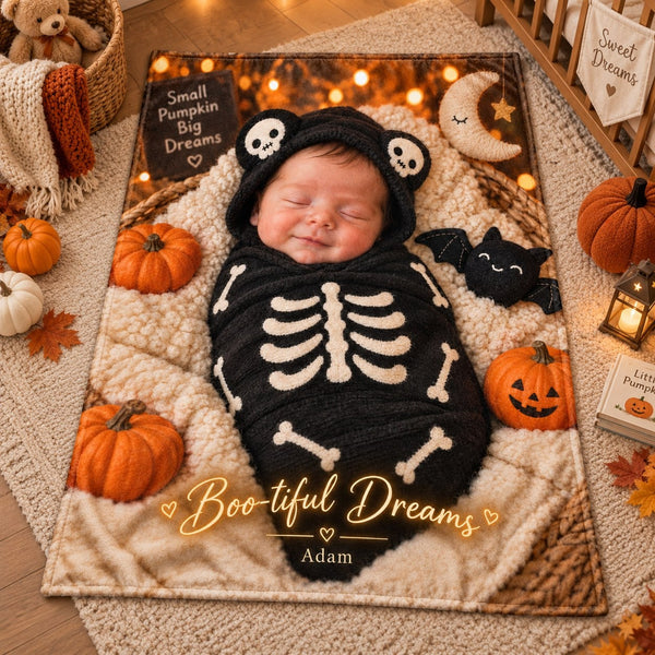 Personalized Boo-tiful Dreams Baby Skeleton Halloween Blanket - image 1 | Jolliboo