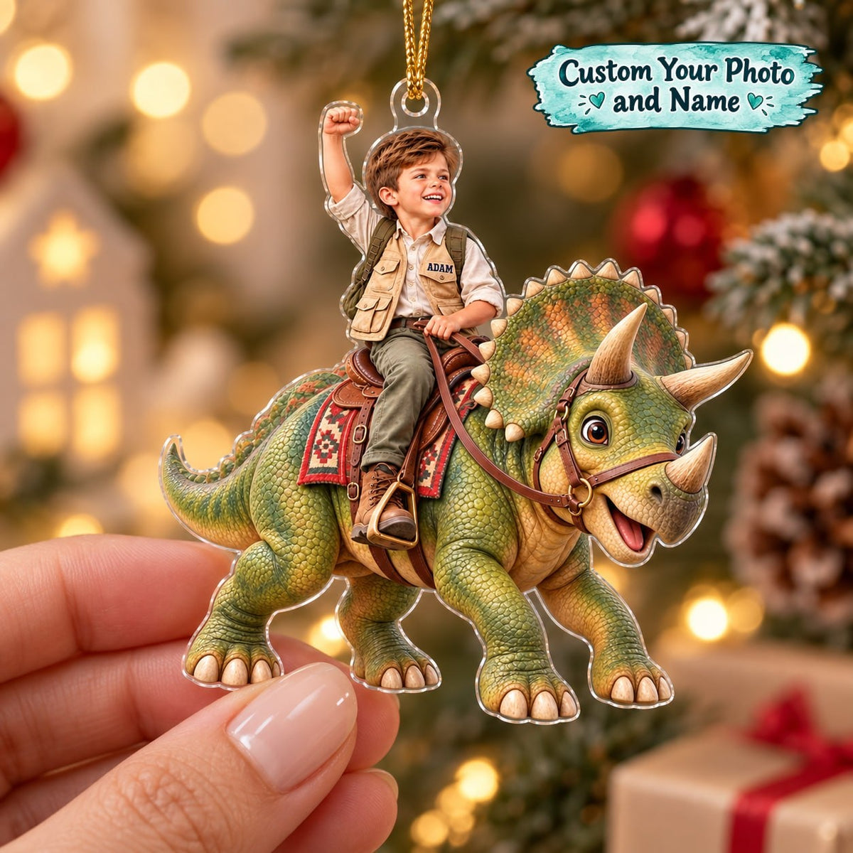Personalized Dinosaur Riding Boy Christmas Ornament - image 1 | Jolliboo