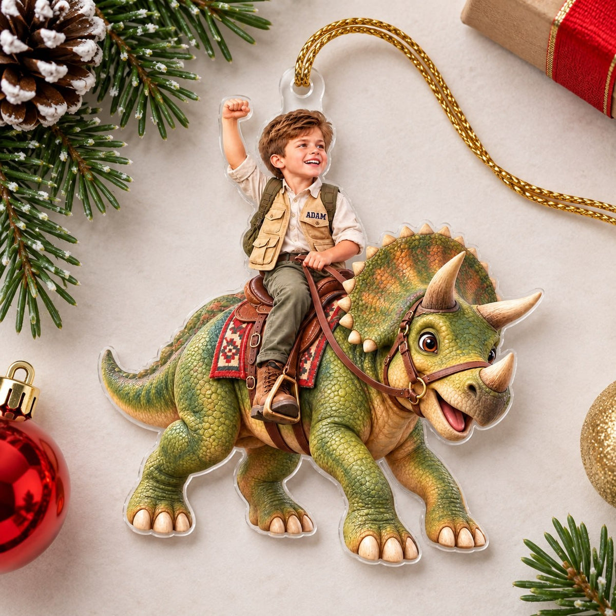 Personalized Dinosaur Riding Boy Christmas Ornament - image 2 | Jolliboo