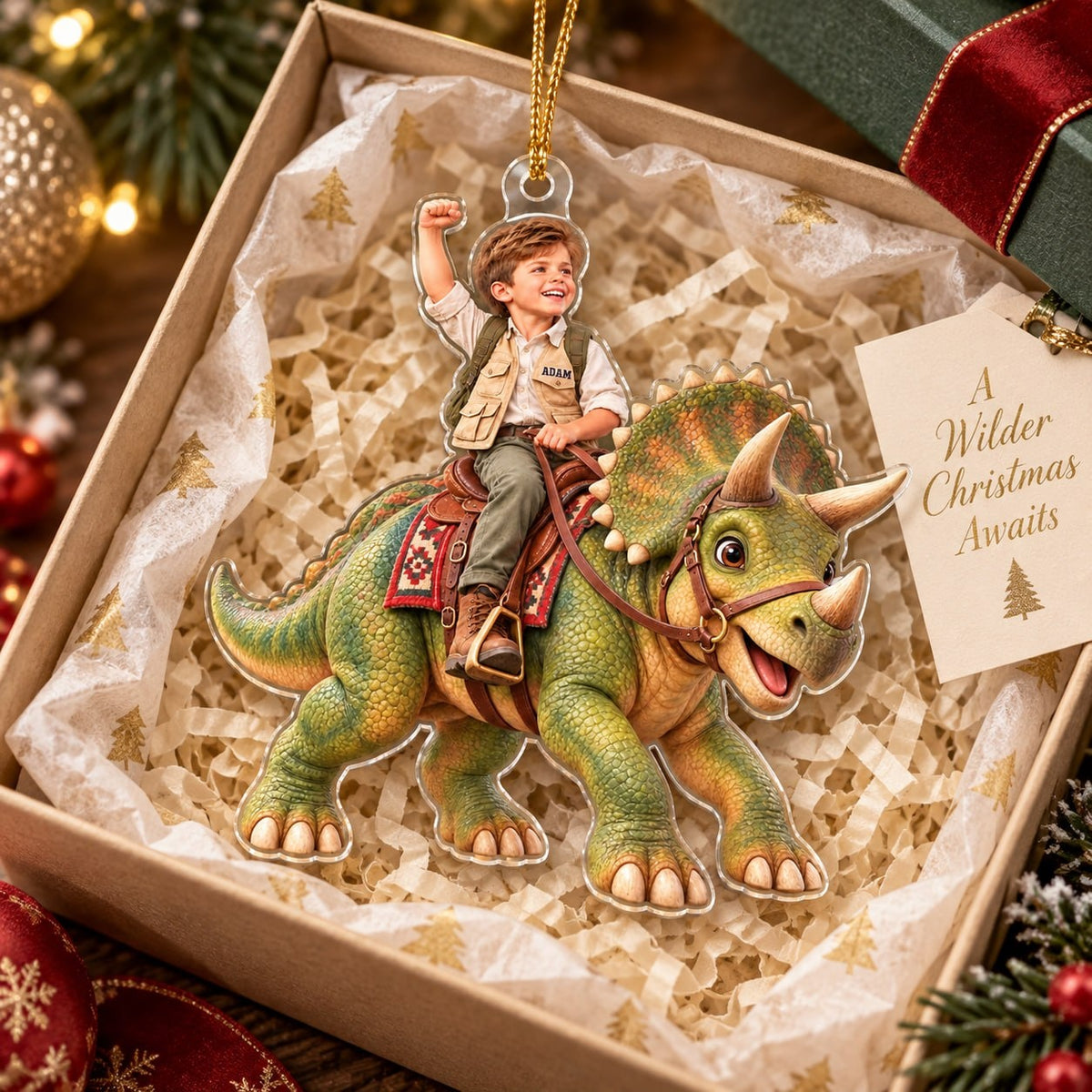 Personalized Dinosaur Riding Boy Christmas Ornament - image 3 | Jolliboo