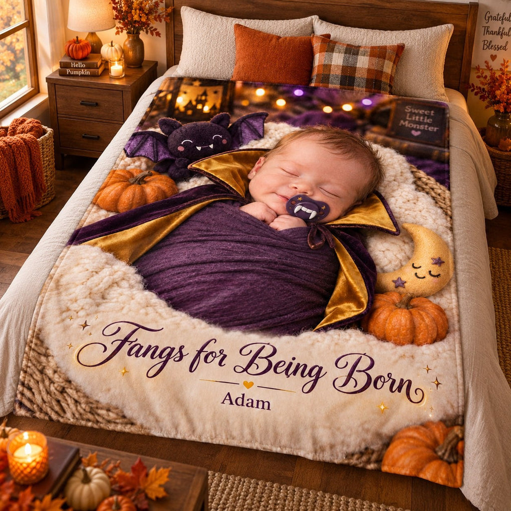 Personalized Fangs for Being Born Baby Vampire Halloween Blanket - image 2 | Jolliboo
