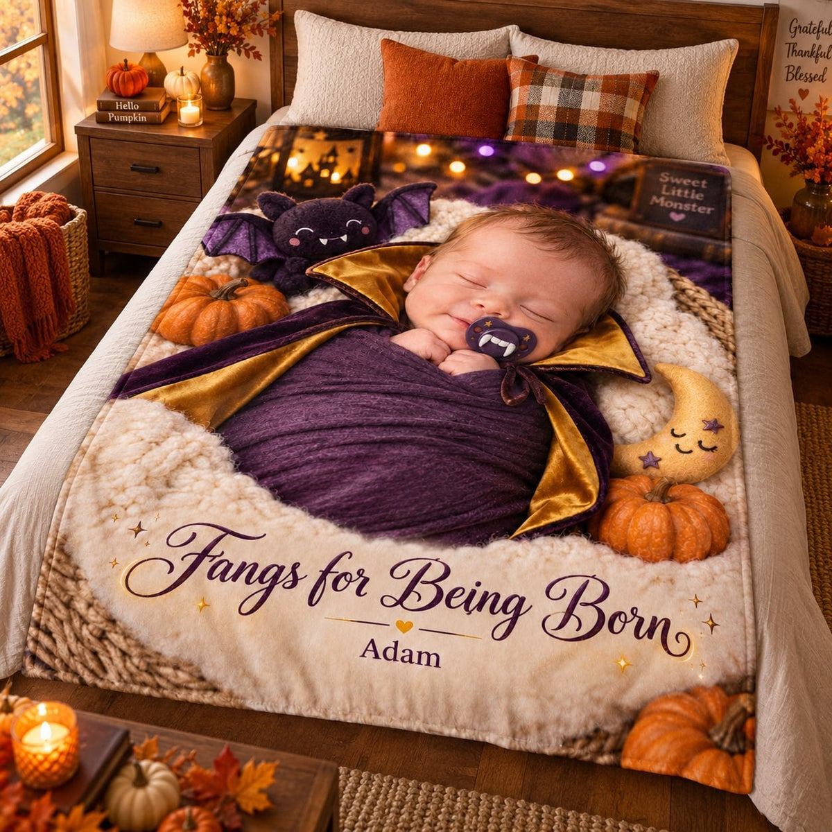 Personalized Fangs for Being Born Baby Vampire Halloween Blanket - image 2 | Jolliboo