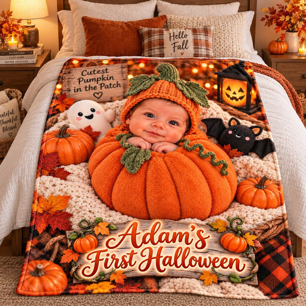 Personalized First Halloween Pumpkin Baby Blanket - image 1 | Jolliboo