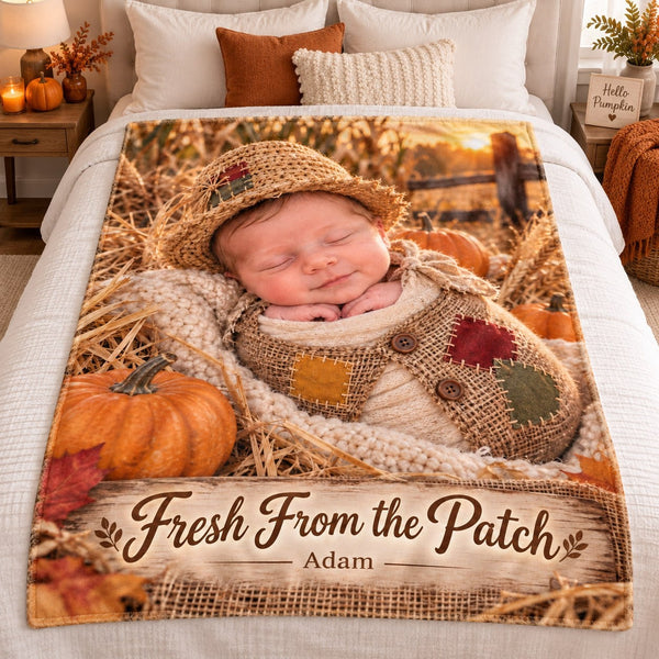 Personalized Fresh From the Patch Baby Scarecrow Halloween Blanket - image 1 | Jolliboo