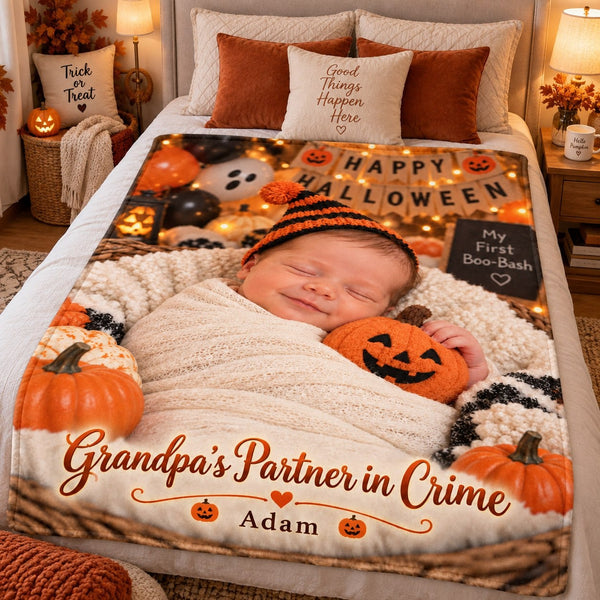 Personalized Grandpa’s Partner in Crime Baby Halloween Blanket - image 1 | Jolliboo