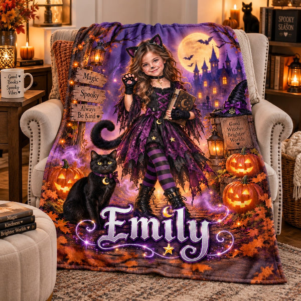 Personalized Halloween Witch Cat Kid Blanket - image 1 | Jolliboo
