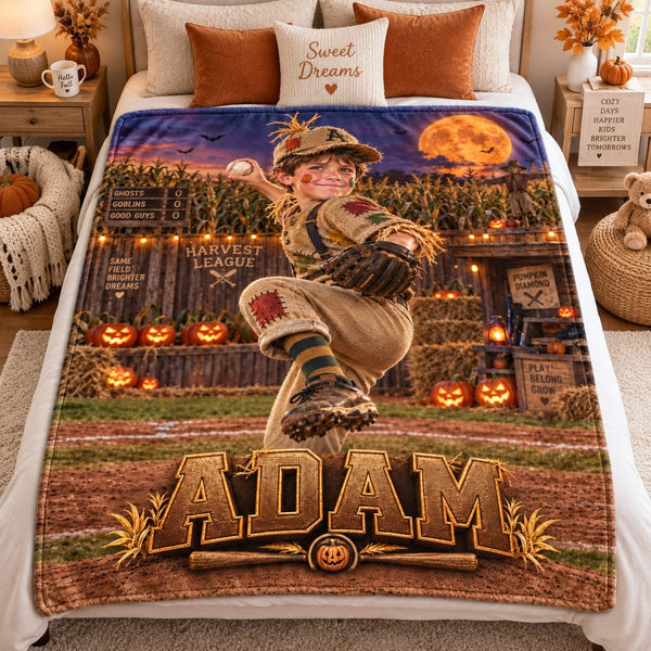 Personalized Harvest League Baseball Scarecrow Halloween Blanket - image 1 | Jolliboo