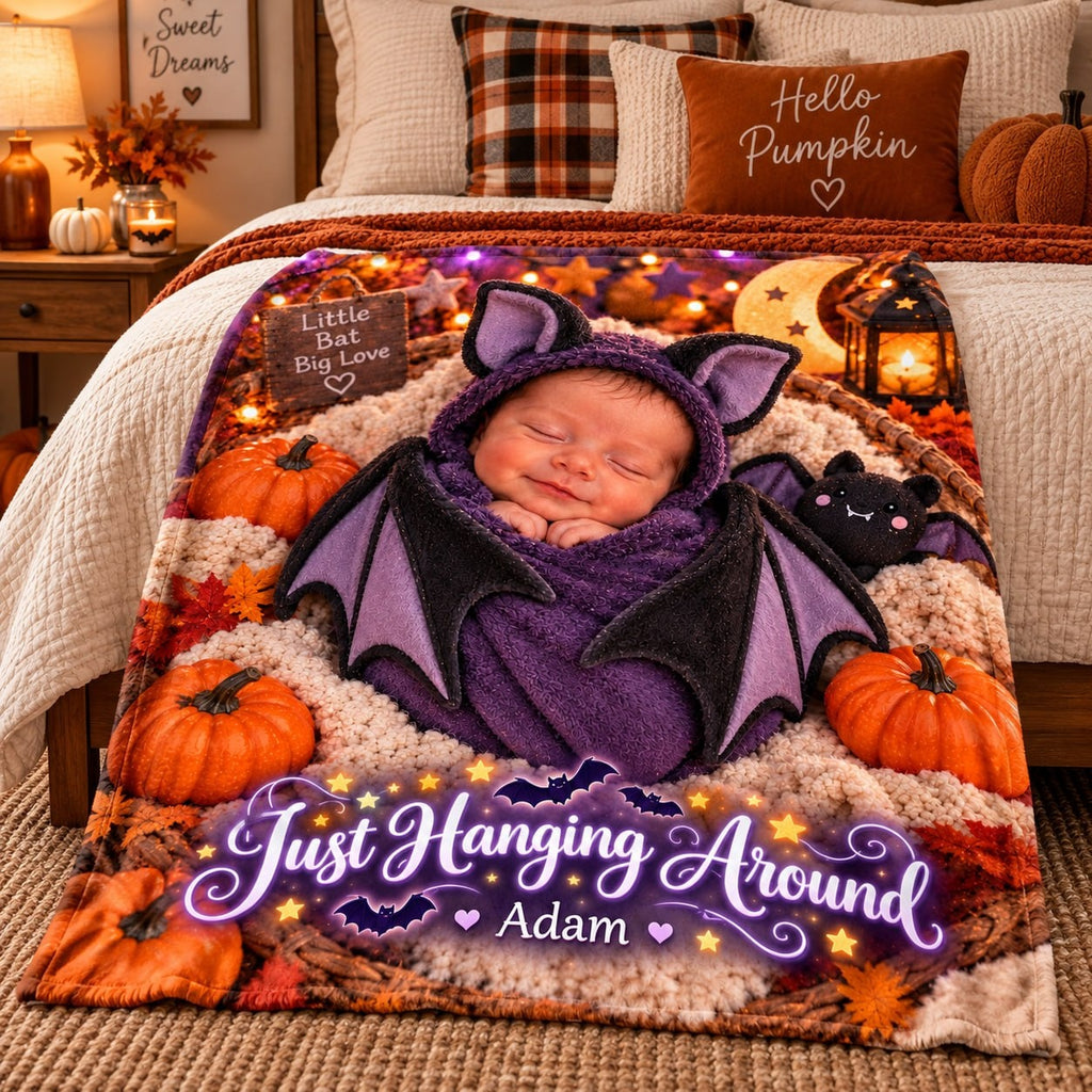 Personalized Just Hanging Around Baby Bat Halloween Blanket - image 1 | Jolliboo
