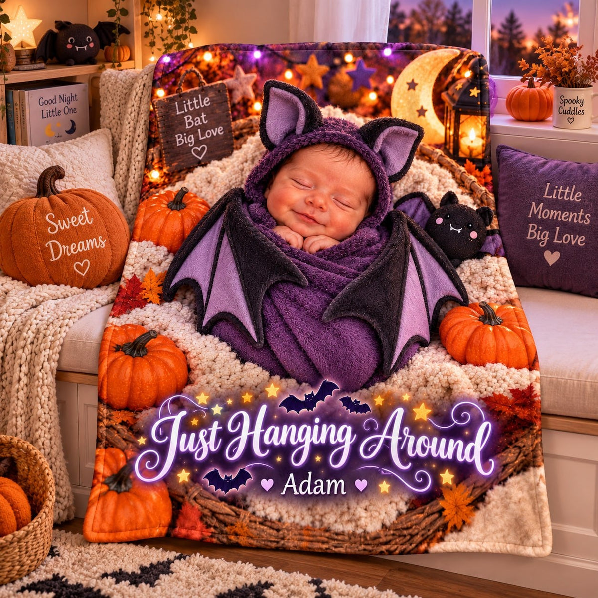 Personalized Just Hanging Around Baby Bat Halloween Blanket - image 2 | Jolliboo
