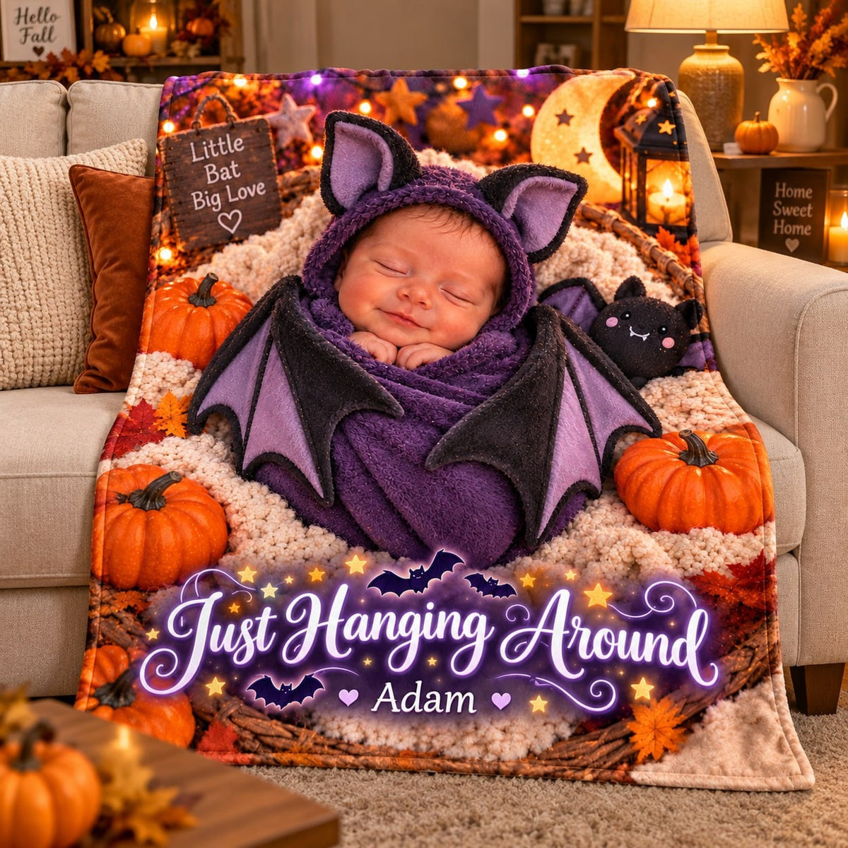 Personalized Just Hanging Around Baby Bat Halloween Blanket - image 3 | Jolliboo