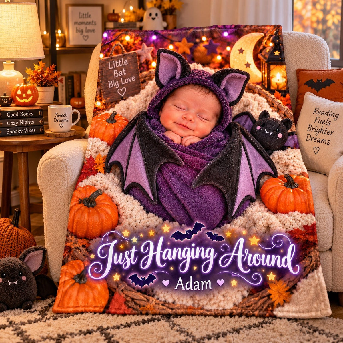 Personalized Just Hanging Around Baby Bat Halloween Blanket - image 4 | Jolliboo