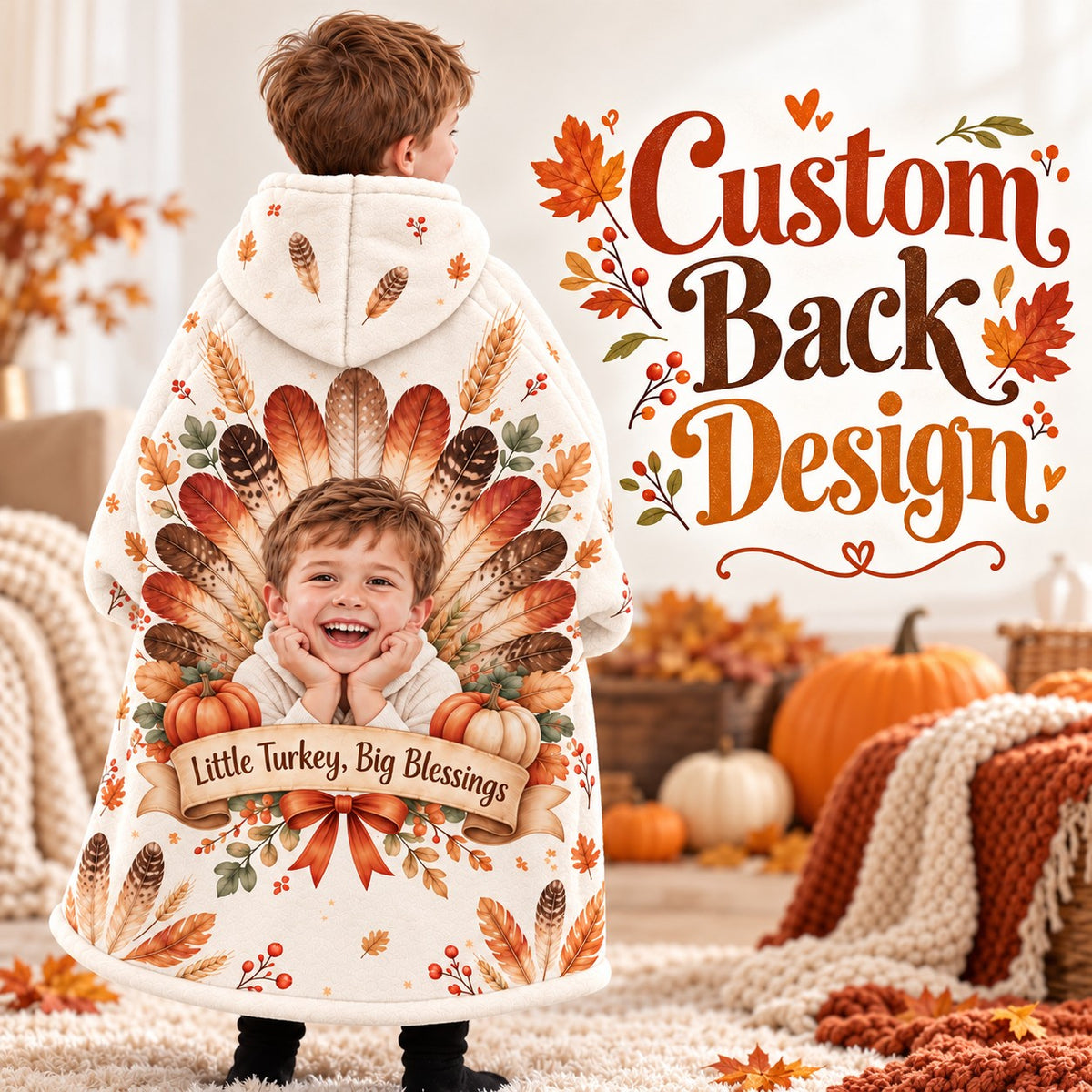 Personalized Little Turkey Thanksgiving Blanket Hoodie - product gallery image 40 | Personalized blanket hoodie for kids by Jolliboo