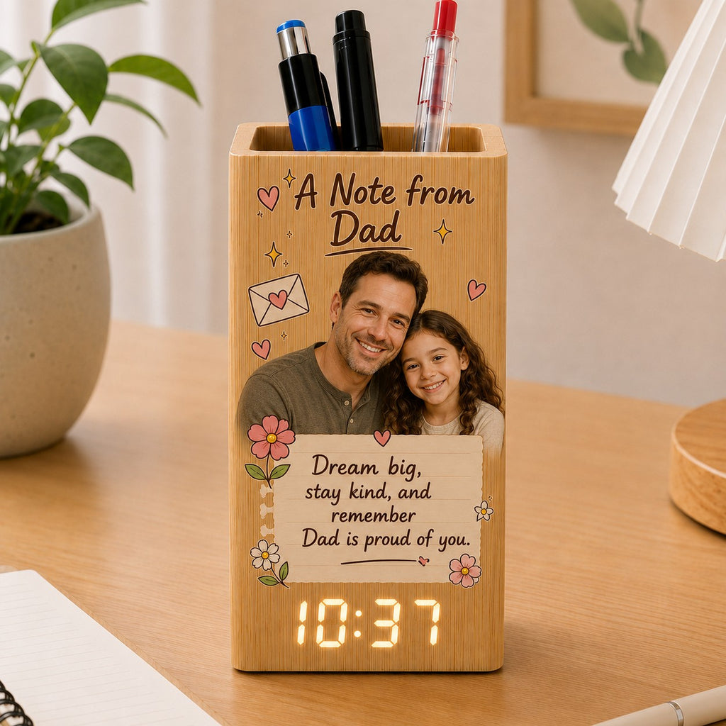 Personalized A Note from Grandma Bamboo Pen Holder - dad version lifestyle shot | Personalized desk pen holder clock gift by Jolliboo