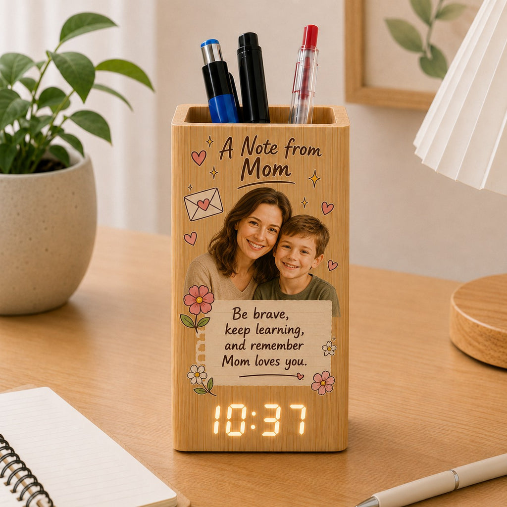 Personalized A Note from Grandma Bamboo Pen Holder - mom version lifestyle shot | Personalized desk pen holder clock gift by Jolliboo