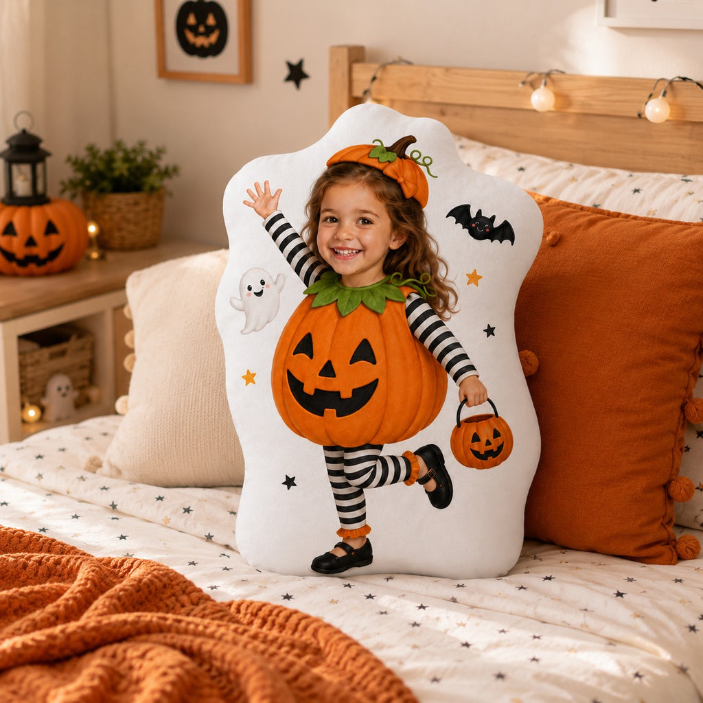 Personalized Pumpkin Dress Trick Bucket Custom Shape Pillow - pumpkin dress trick bucket standing girl gallery image 7 | Personalized custom shape pillow for kids by Jolliboo