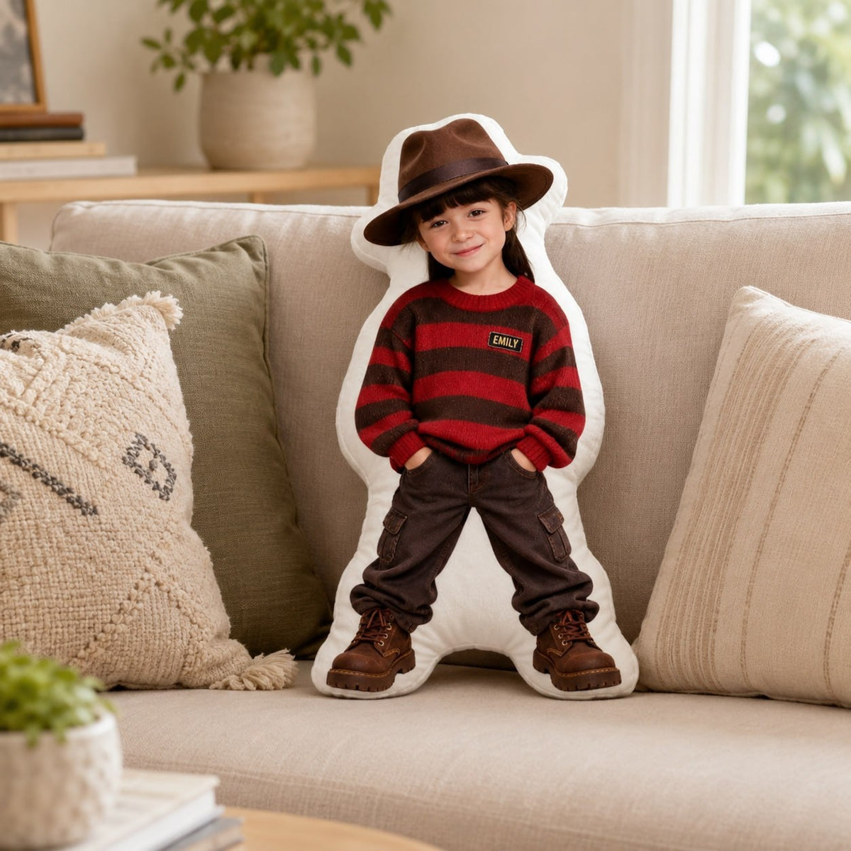 Personalized Retro Striped Sweater Girl Figure Custom Shape Pillow - image 2 | Jolliboo