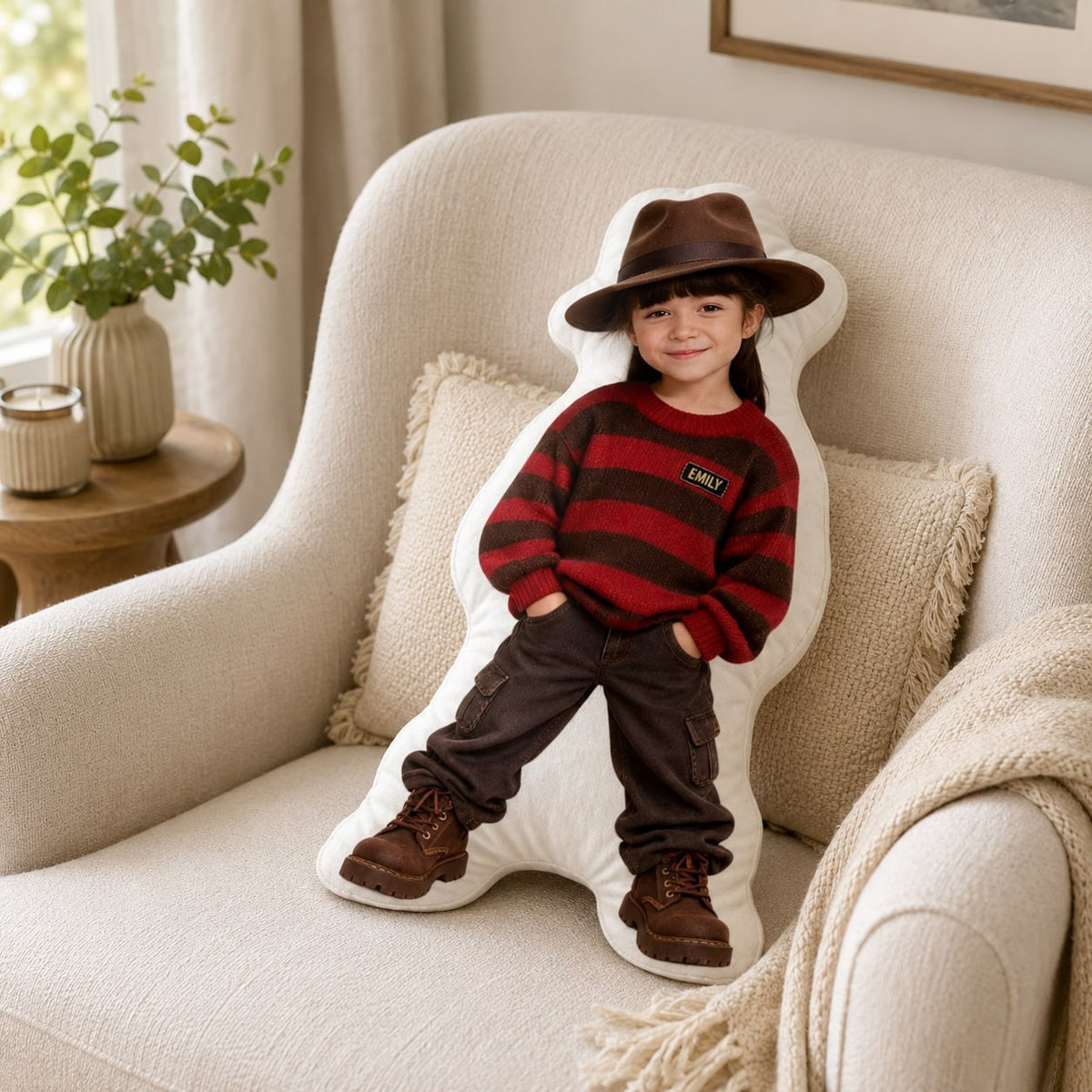 Personalized Retro Striped Sweater Girl Figure Custom Shape Pillow - image 4 | Jolliboo