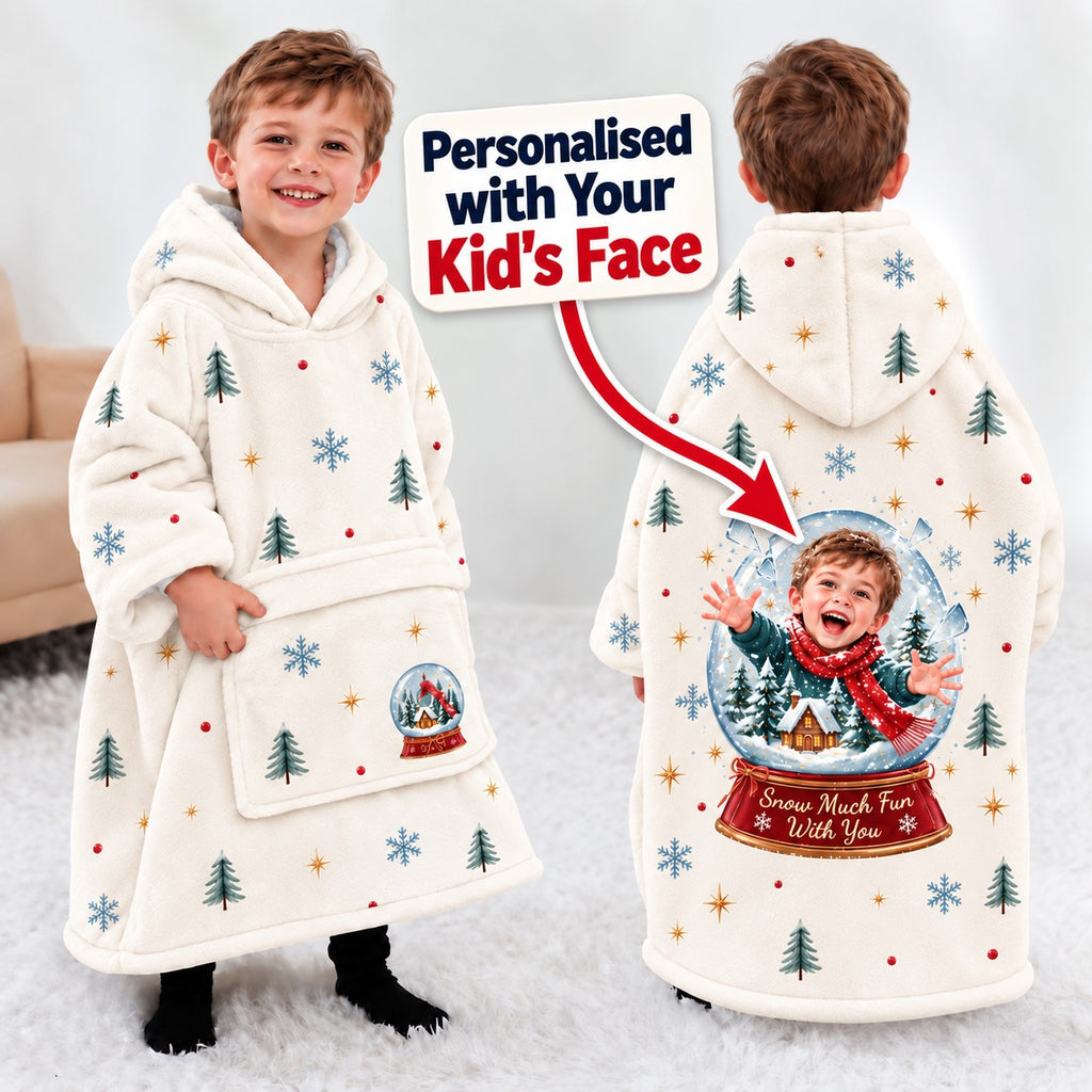 Personalized Snow Much Fun Blanket Hoodie - personalized child face callout lifestyle image | Personalized kids blanket hoodie by Jolliboo