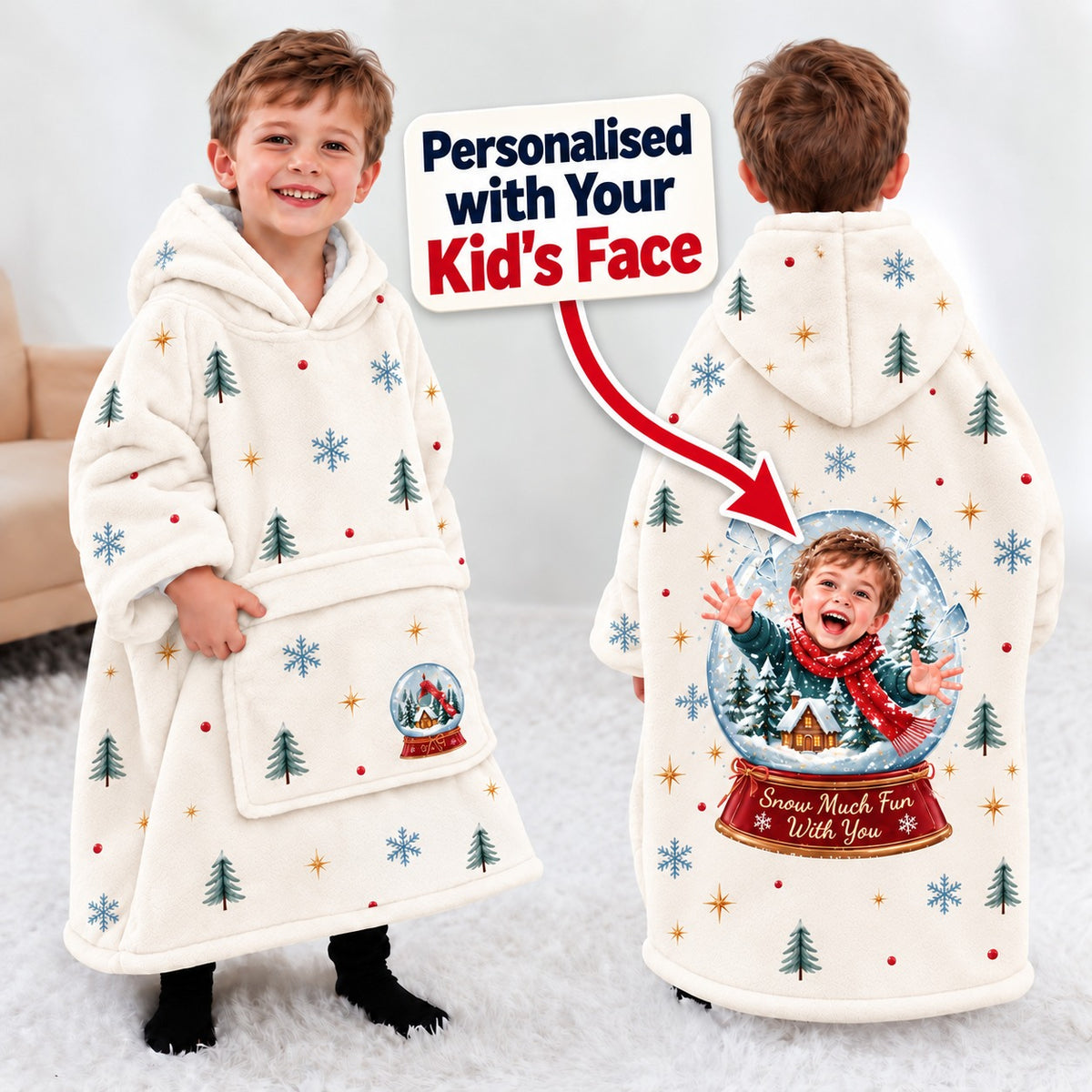 Personalized Snow Much Fun Blanket Hoodie - personalized child face callout lifestyle image | Personalized kids blanket hoodie by Jolliboo