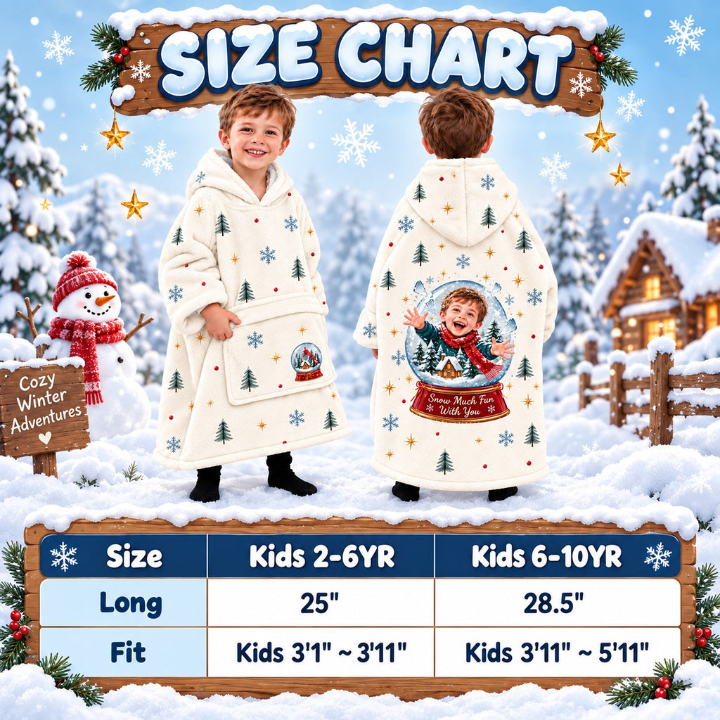 Personalized Snow Much Fun Blanket Hoodie - winter size chart product guide | Personalized kids blanket hoodie by Jolliboo