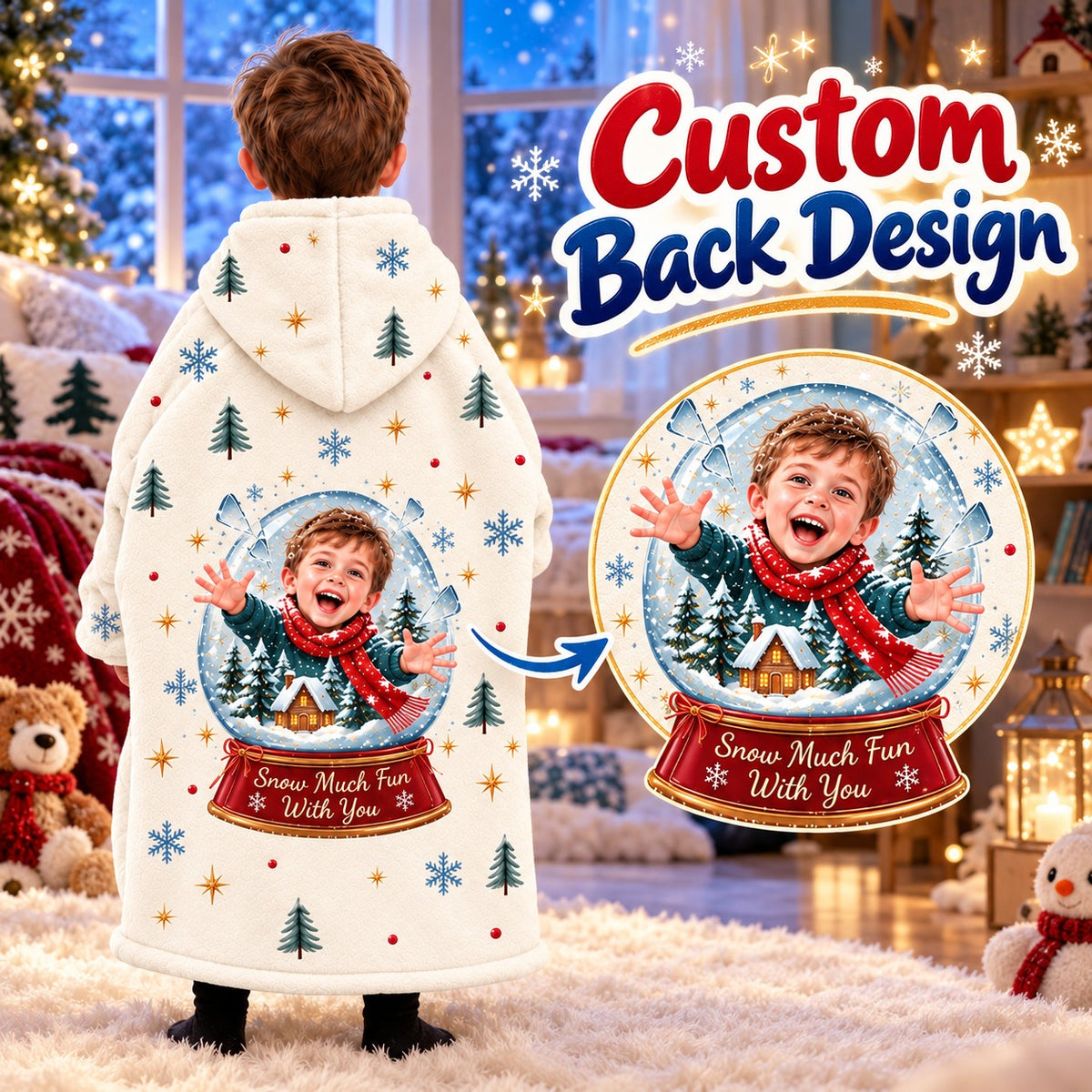 Personalized Snow Much Fun Blanket Hoodie - custom back design close-up lifestyle image | Personalized kids blanket hoodie by Jolliboo
