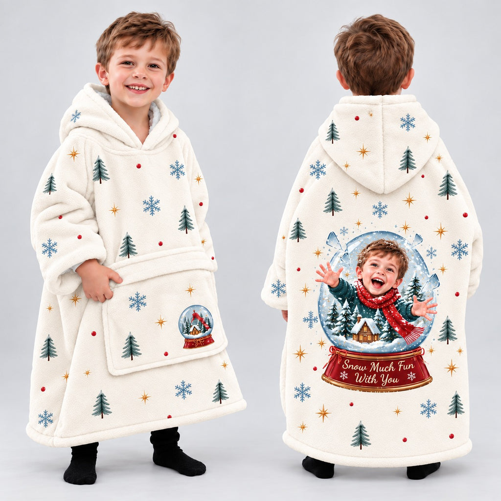 Personalized Snow Much Fun Blanket Hoodie - front and back product mockup | Personalized kids blanket hoodie by Jolliboo