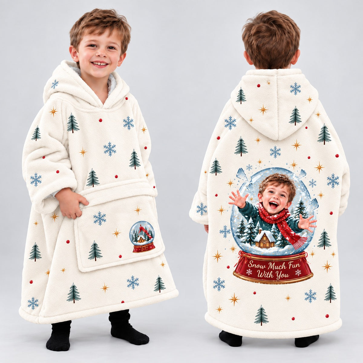 Personalized Snow Much Fun Blanket Hoodie - front and back product mockup | Personalized kids blanket hoodie by Jolliboo