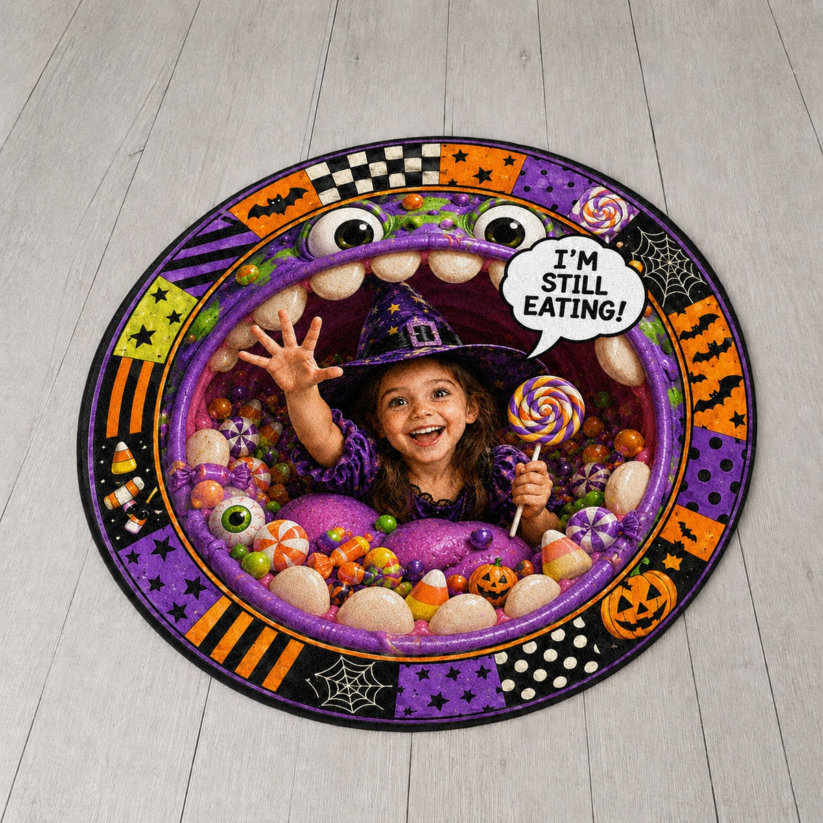 Personalized Still Eating Monster Round Rug - candy monster Halloween round rug displayed on a light wood floor | Personalized round rug for kids by Jolliboo