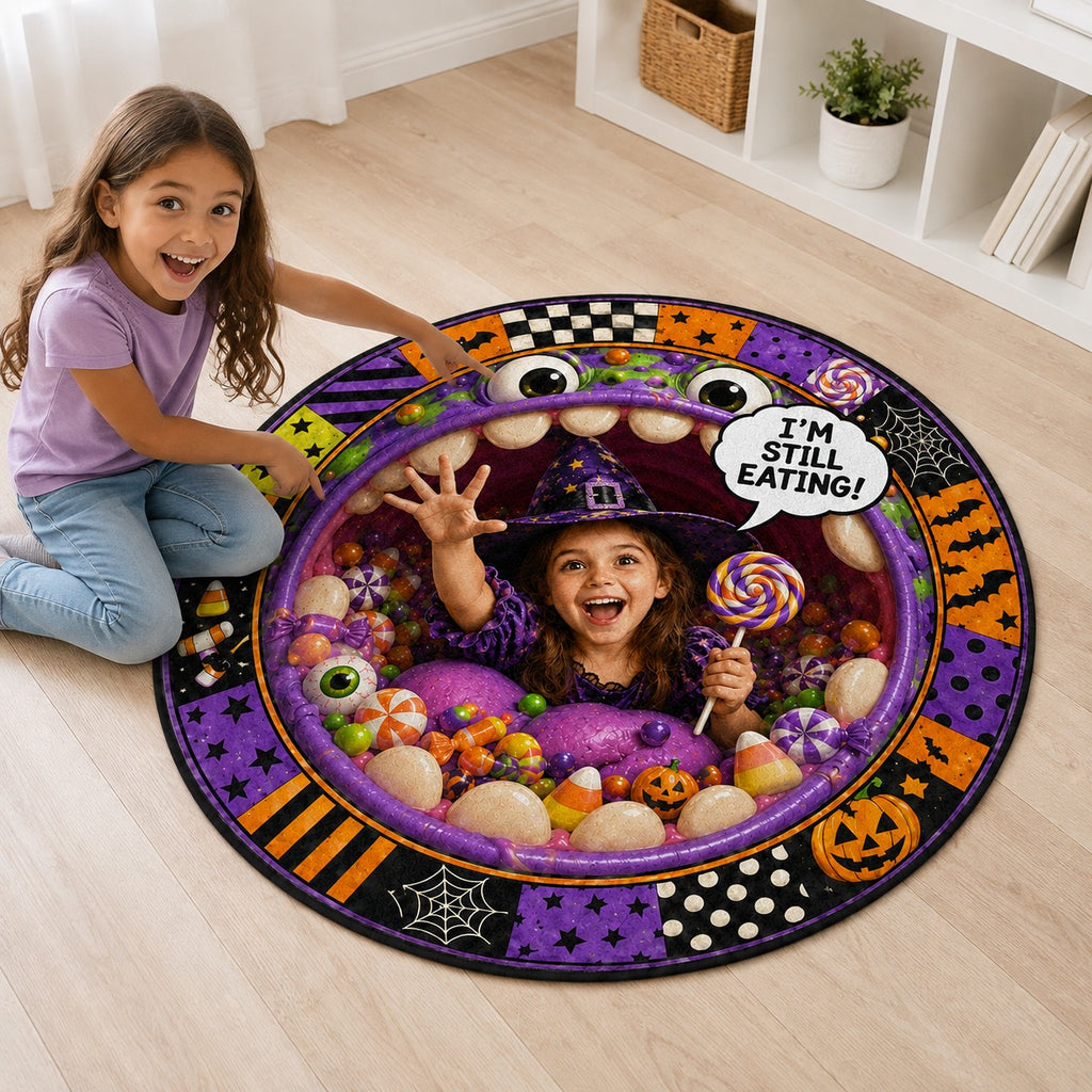 Personalized Still Eating Monster Round Rug - still eating monster mouth Halloween round rug gallery mockup 3 | Personalized round rug for kids by Jolliboo