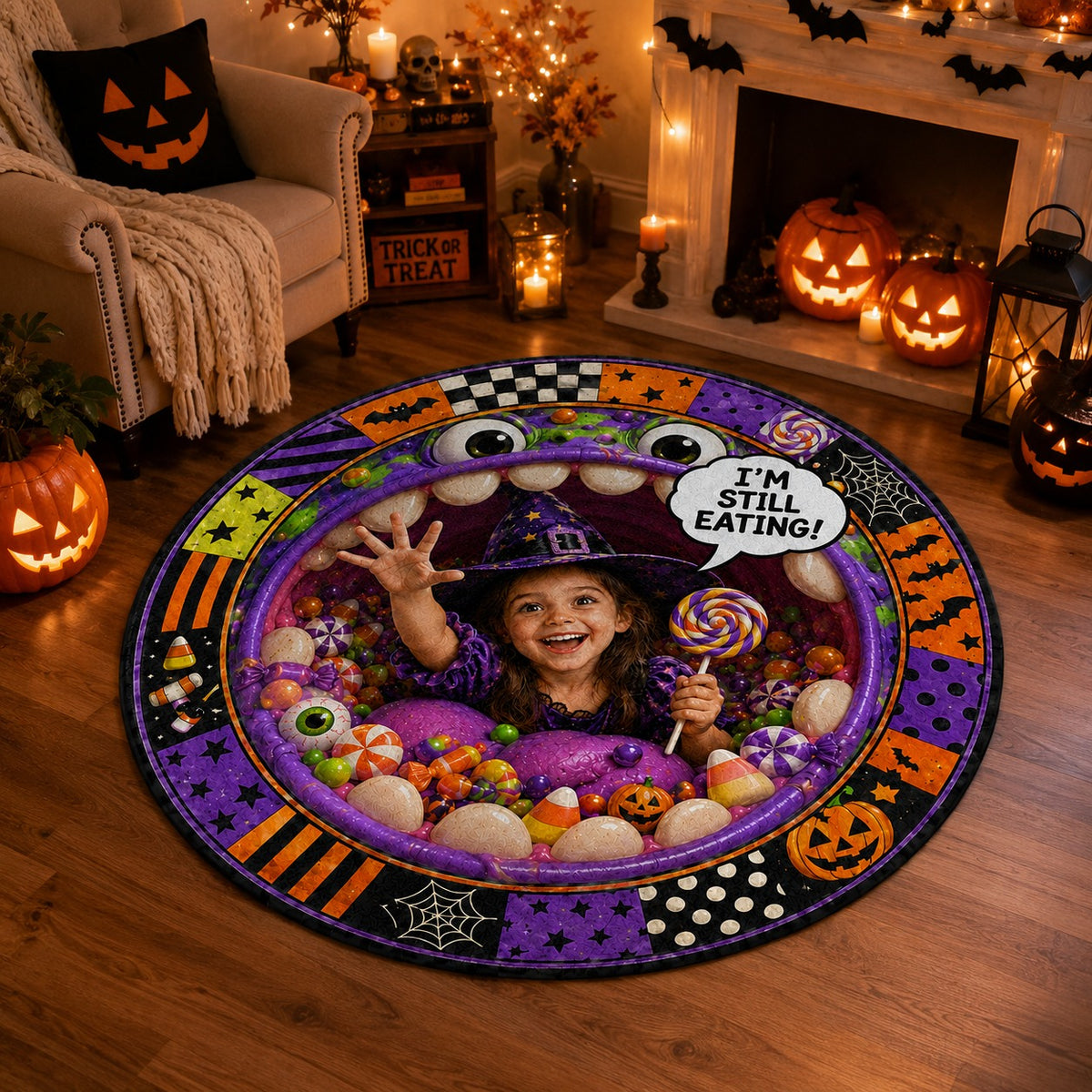 Personalized Still Eating Monster Round Rug - still eating monster mouth Halloween round rug gallery mockup 4 | Personalized round rug for kids by Jolliboo