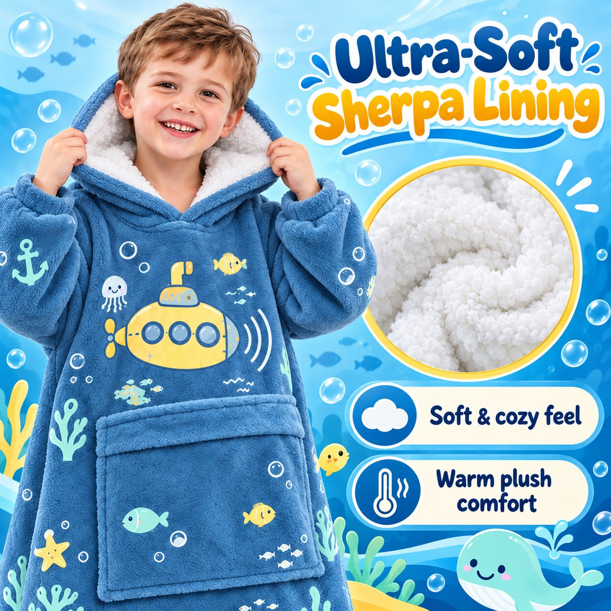 Personalized Submarine Ocean Adventure Blanket Hoodie - product gallery image 16 | Personalized blanket hoodie for kids by Jolliboo