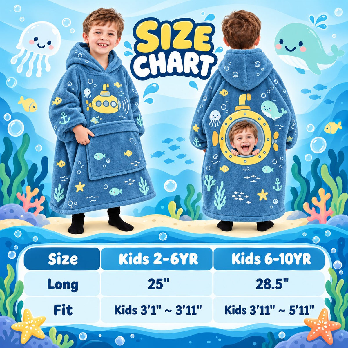 Personalized Submarine Ocean Adventure Blanket Hoodie - product gallery image 18 | Personalized blanket hoodie for kids by Jolliboo